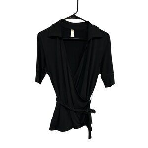 Merona Womens Top Black Wrap Style Tie Waist Collared Short Sleeve Stretch Size